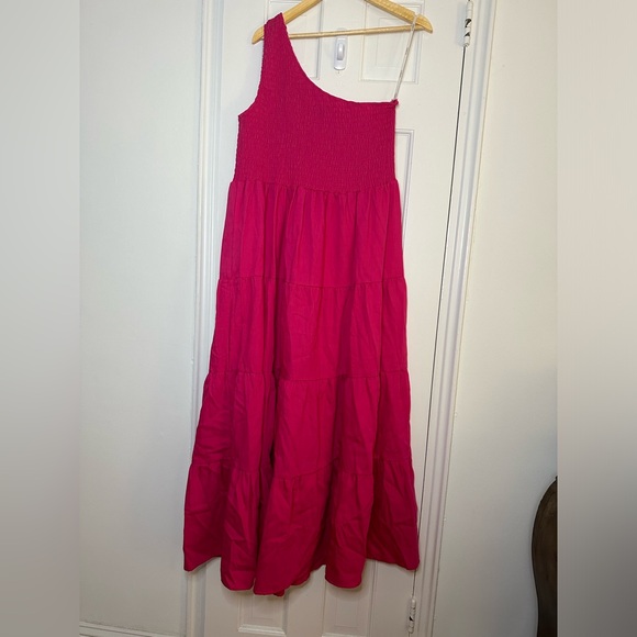 ELOQUII Smocked Bodice One Shoulder Tiered Midi Dress Hot Pink Plus Size 16 - Picture 3 of 5